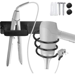 Föhnhouder, föhnhouder, wandmontage, aluminium föhnhouder, föhnhouder en stijltanghouder met kabelhouder voor badkamer, woonkamer, Barbershop - zwart (1 stuks)