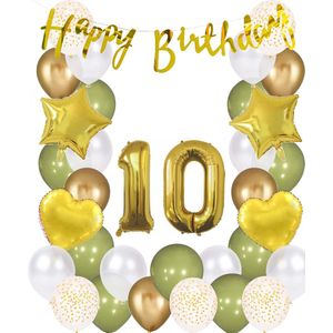 Snoes Ballonnen 10 Jaar Wit Olijf Groen Goud Mega Ballon - Compleet Feestpakket 10 Jaar - Verjaardag Versiering Slinger Happy Birthday – Folieballon – Latex Ballonnen - Helium Ballonnen - Olive Green Verjaardag Decoratie