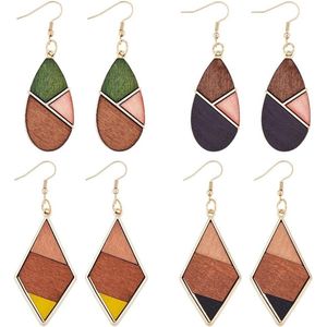 Houten Oorbellen - 4 Pairs Kleurrijke Teardrop Dangle Earring Geometrische Bohemen Ruit Afrikaanse Etnische Sieraden voor Vrouwen
