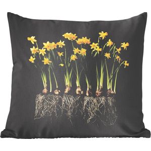 Sierkussens - Kussen - Meerder narcissen met bollen op een zwarte achtergrond - 60x60 cm - Kussen van katoen