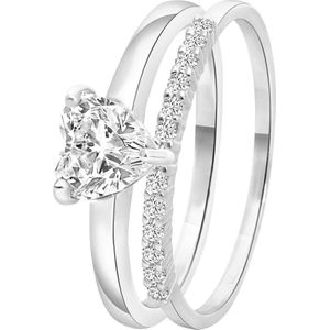 Lucardi Dames Dubbele ring met zirkonia hart - Ring - Moederdag Cadeautje - Echt Zilver - Zilverkleurig