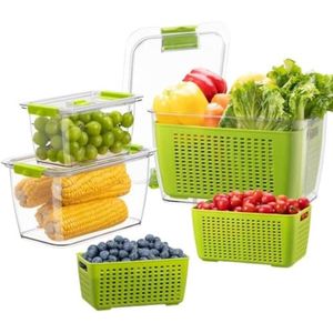 Voorraadpotten fruit groenten met deksel, voorraadpotten 3 set 4L+1.7L+0.5L BPA vrij, voedsel voorraaddozen goed scheidbaar, koelkast organiser salade opslag, groen
