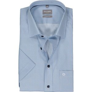 OLYMP comfort fit overhemd - korte mouw - popeline - wit met blauw dessin - Strijkvrij - Boordmaat: 44