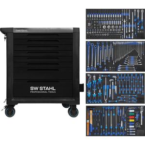 SW-Stahl Z3212 professionele werkplaatswagen TT802 zwart I 8 laden I 4 laden gevuld I 338 delig I werkplaatswagen voorzien van gereedschap I twin-lock I werkplaatswagen kit I volledig uitgerust