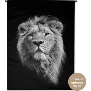 Wandkleed Close-up Dieren in Zwart-Wit - Aziatische leeuw tegen zwarte achtergrond in zwart-wit Wandkleed katoen 150x200 cm - Wandtapijt met foto