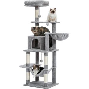 Go-shipping - Katten Krabpaal - Hoge Multi-Level Kattenboomtoren - Krabpaal Hout - Kattenboom met Hangmat - 150CM - Grijs