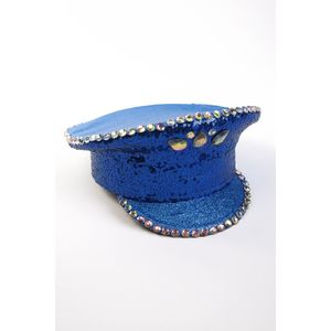 KIMU Pet Blauwe Kapiteinspet - Maat 61 - Diamanten Blauw Glitter - Glitters Hoed Pet Politiepet Schipperspet Officierspet Steentjes Toppers Festival