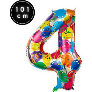 Fienosa Cijfer Ballonnen nummer 4 - Confetti patroon - 101 cm - XL Groot - Helium Ballon- Verjaardag Ballon - Carnaval Ballon