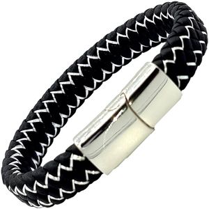 Gevlochten heren armband – 100% echt leder & edelstaal – magneetsluiting – Zilverkleurige Sluiting - 23 cm - Rhylane®