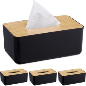 Relaxdays 4x tissue box zwart - tissuehouder - tissuedoos - zakdoekhouder - deksel bamboe