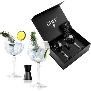 GDLF® Gin Tonic Glazen Set in Luxe Geschenkdoos | Incl. 2 Kristallen Italiaans Gin Tonic Glazen, Zwarte RVS Maatbeker en Certificaat | Made in Italy | Loodvrij Kristal | 600ML | Cocktail Glazen Set | Aperol Spritz Glazen | Vaderdag Cadeau