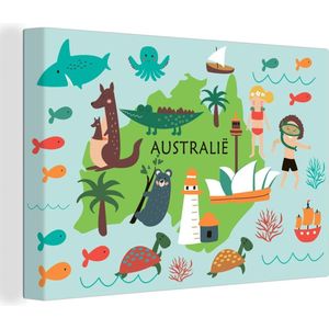 Canvas Wereldkaart - 180x120 - Wanddecoratie Wereldkaart Kinderen - Australië - Dieren