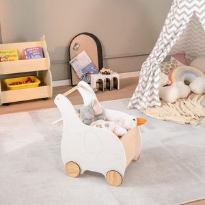 2-in-1 Houten Loopwagen met Opbergruimte, Speelgoedkist, Loopwagen, Loopwagen, Baby Duw-Trek Speelgoed, Loopwagen voor Baby's, Jongens en Meisjes (Wit - Olifant)