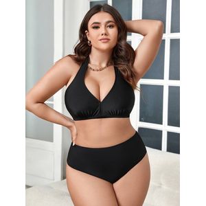 Bikini Set- Grote Maten Effen Zwarte Halter Strikband Bh- 2-delige Set Badpak Lingerie Set- Zwemkleding Strandkleding P008- Zwart- Maat XXL