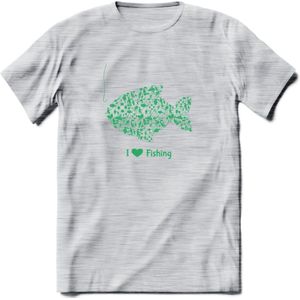 I Love Fishing - Vissen T-Shirt | Groen | Grappig Verjaardag Vis Hobby Cadeau Shirt | Dames - Heren - Unisex | Tshirt Hengelsport Kleding Kado - Licht Grijs - Gemaleerd - 3XL