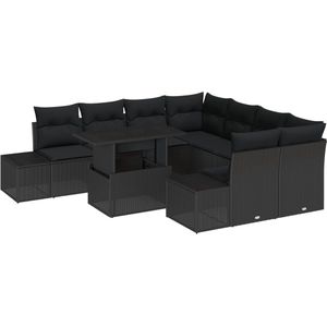 vidaXL - Tuinbank - Set - Set - van - 9 - Zwart - Rattan, - Polyester, - Glas - Tuinbank - Set