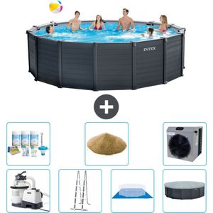Intex Rond Graphite Gray Panel Zwembad - 478 x 124 cm - Inclusief Pomp - Ladder - Grondzeil - Afdekzeil Onderhoudspakket - Filterzand - Warmtepomp