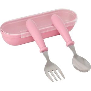 Babybestekset, babyvork en lepelset, roestvrij staal, peuterbenodigdheden, lepel, vork, serviesset met opbergdoos voor baby's, peuters, zelfvoeding (Pink)