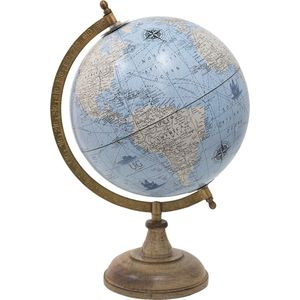 HAES DECO - Decoratieve Wereldbol met bruin houten voet - formaat 22x33cm - kleuren Blauw / Grijs - Vintage Wereldbol, Globe, Aarbol