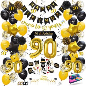 Fissaly 90 Jaar Verjaardag Decoratie Versiering - Ballonnen – Jubileum Man & Vrouw - Zwart en Goud