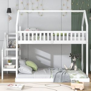 Stapelbed huisbed met trap - kinderbed met valbeveiliging en rooster - grenen frame - wit (90x200cm)