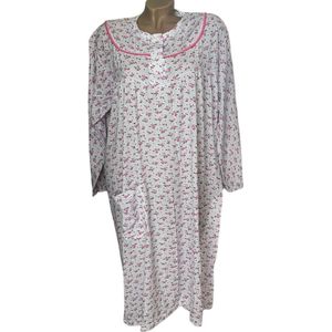 Dames katoenen nachthemd lange mouw met bloemenprint 2804 XXL wit/roze