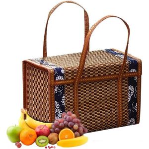 Geweven bamboe picknickmand met deksel en handvat - boodschappenmand - groente en fruitmand van gras - geschenkmand voor outdoor camping - Valentijnsdag - Kerstmis