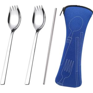 Creatieve RVS Spork Set voor Kamperen en Reizen, Inclusief Rietje en Opbergtas
