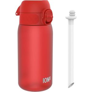 Drinkfles voor kinderen met rietje, 350 ml, lekvrij, met één hand te openen, veilig afsluitbaar, vaatwasserbestendig, BPA-vrij, handgreep, klapdeksel, gemakkelijk schoon te maken, klimaatneutraal, rood