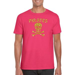 Piraten shirt / foute party verkleed t-shirt - goud glitter roze - heren - piraten verkleedkleding / outfit S