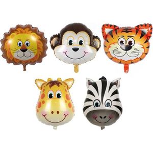 Jungle Dieren ballonnen -Set - XL - 5 stuks - Giraffe - Aap - Tijger - Leeuw - Zebra - 89x78cm - XL - Versiering - Thema feest - Verjaardag - jungle - Dieren - Jungle versiering - Folie Ballon - Ballonnen - Helium ballon - Leeg - Versiering - Jungle