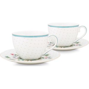 Pip Studio Jolie Dots Kop en Schotel - Servies - Set van 2 kopjes en schoteltjes - Goud - 280ml