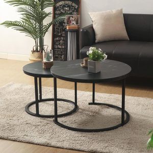 Ronde Salontafel Set van 2 - Houten Bijzettafels met Metalen Frame voor Woonkamer en Balkon