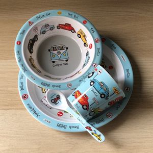 Auto's kinder servies set melamine (bord + kom + bekertje + lepel) - Tyrrell Katz