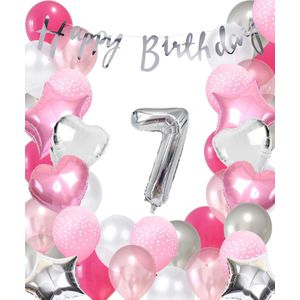 Snoes Ballonnen 7 Jaar Pink Blush Silver Mega Ballon - Compleet Feestpakket 7 Jaar - Verjaardag Versiering Slinger Happy Birthday – Folieballon – Latex Ballonnen - Helium Ballonnen - Zilver en Roze Verjaardag Decoratie