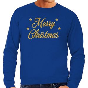 Foute Kersttrui / sweater - Merry Christmas - goud / glitter - blauw - heren - kerstkleding / kerst outfit S