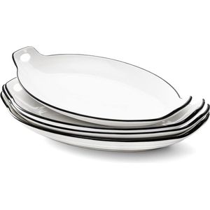 Set van 4 30 cm ovale serveerschalen Wit porseleinen dienblad met handvat Grote serveerschalen voor voorgerecht Dessert Vlees Salade Pasta