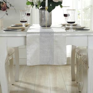 Beige tafelloper 32 x 180 cm glitter tafelloper zilver diamant tafelloper voor keukentafel, koffietafel, commode, wijnkast decoratie (180 cm, beige)