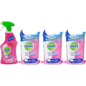 Dettol - Allesreiniger spray - kersenbloesem + 3x Dettol schoonmaak doekjes 80 stuks