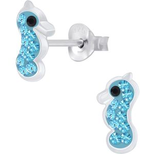 Joy|S - Zilveren zeepaardje oorbellen - 5 x 9 mm - blauw kristal