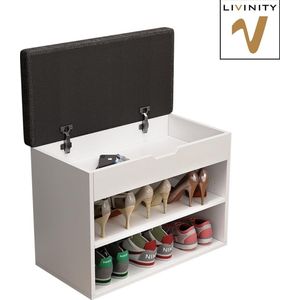 Livinity Titus Schoenenbank, wit, 60 x 45 cm, schoenenrek met zitting, klapdeksel, vakken