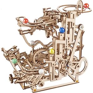 Doe-het-zelf mechanische houten kbaan, Marble Run 3D-houten puzzel voor volwassenen, houten kbaan met etagelift, modelbouwset met 10 kleurrijke ks, modelbouw van hout
