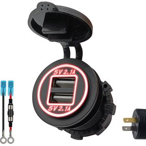 ProRide 12V USB Stopcontact 2 Poorten Inbouw - 5V/2.1A - met Aansluitkabel 60cm en Glaszekering 10A - Rood