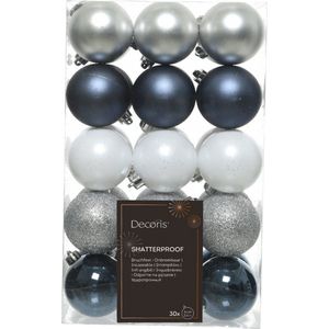 Decoris Kerstballen - 30x - 6 cm - kunststof - donkerblauw/wit/zilver