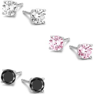 New Bling 929901026 Zilveren Oorbellen - Set van 3 Paar Oorknopjes - 3 Verschillende Kleuren - 6 mm - Roze - Zwart - Wit - Zirkonia - Rond - Zilver