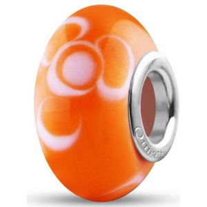 Quiges - Glazen - Kraal - Bedels - Beads Oranje met Wit Oranje Bloemen Past op alle bekende merken armband NG839