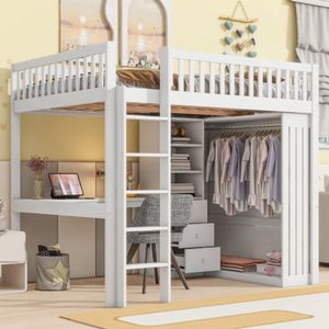 Hoogslaper, 90*200cm, bureau, kledingkast, 3 laden, open opbergruimte, leuning, trap, zonder matras, wit