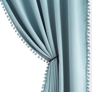 Unyqoos ® Blauwe Thermische Gordijnen met Pompons en Oogjes voor Slaapkamer of Woonkamer, Twee Stuks, 140 x 225 cm