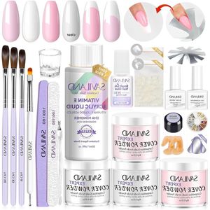 4 Colors Acrylic Powder and Liquid Set with Acrylic Nail Brush - Nail Shapes Top Gel - Non-Acid Ph Bond Nail Tools - French Nails Kit for Beginners Nails Application