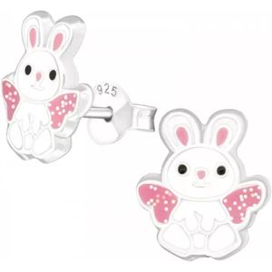 Joy|S - Zilveren konijn oorbellen met engel vleugeltjes - wit met roze en glitter - 10 x 9 mm - oorknoppen